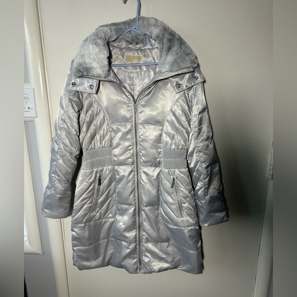 Michael Kors Jackets & Blazers - Michael Kors Silver Puffer Coat with Faux Fur Collar